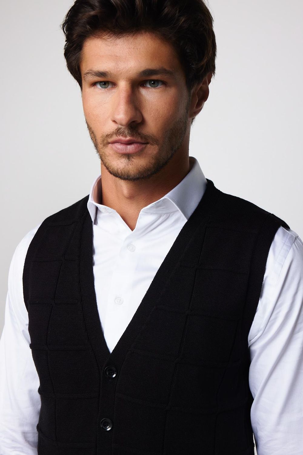 Slim Fit Kare Desenli Siyah Erkek Yelek