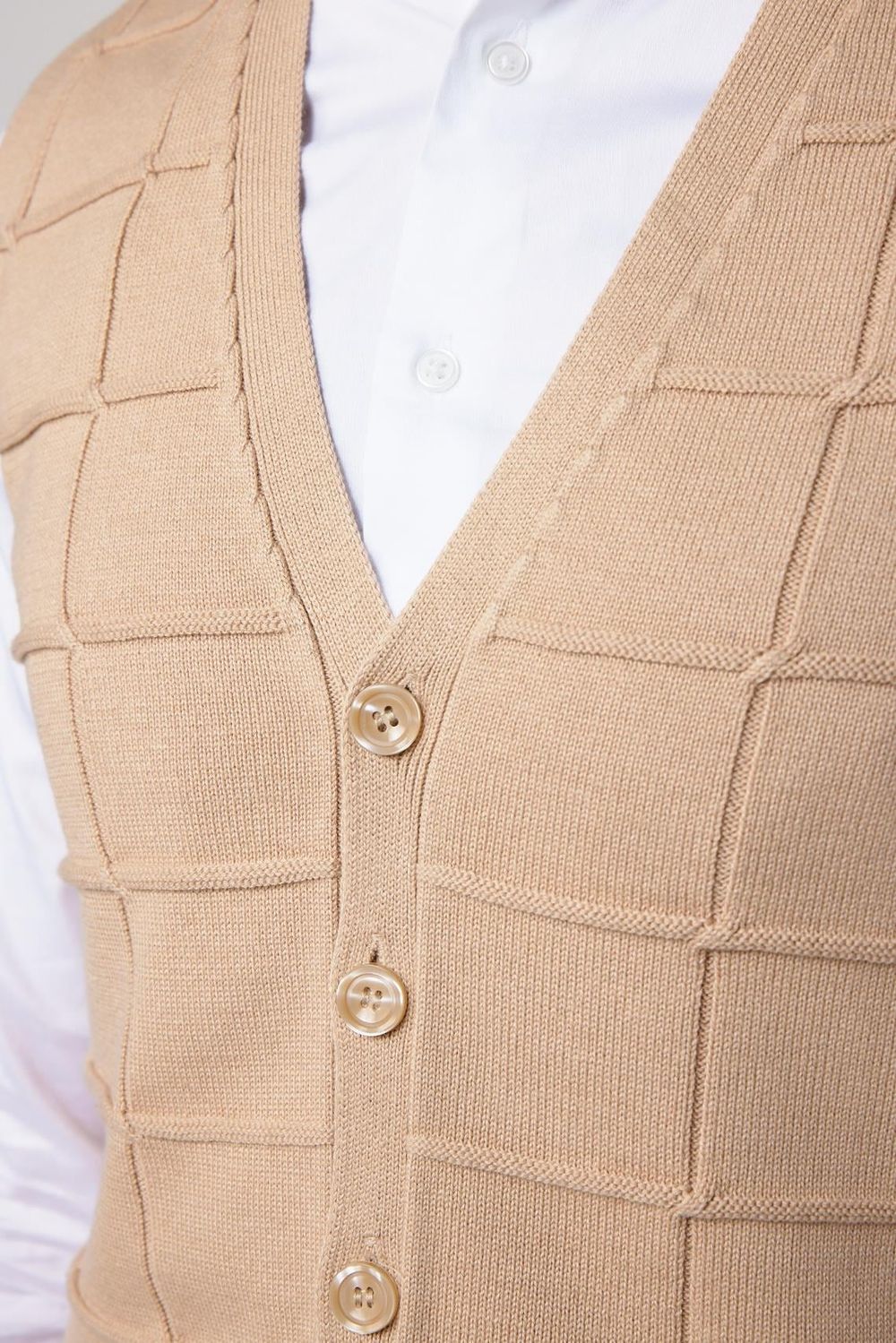 Slim Fit Kare Desenli Taş Rengi Erkek Yelek
