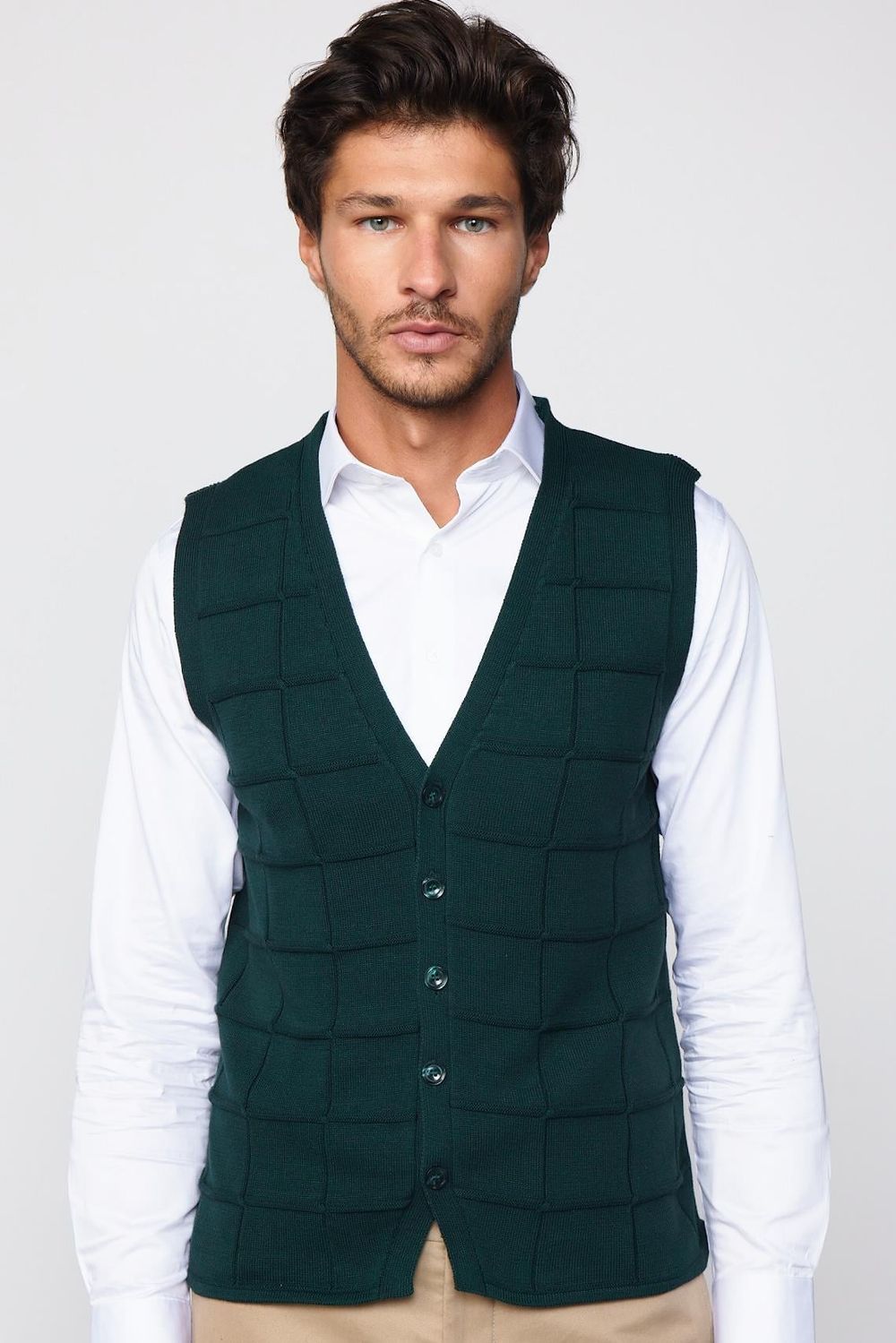 Slim Fit Kare Desenli Yeşil Erkek Yelek