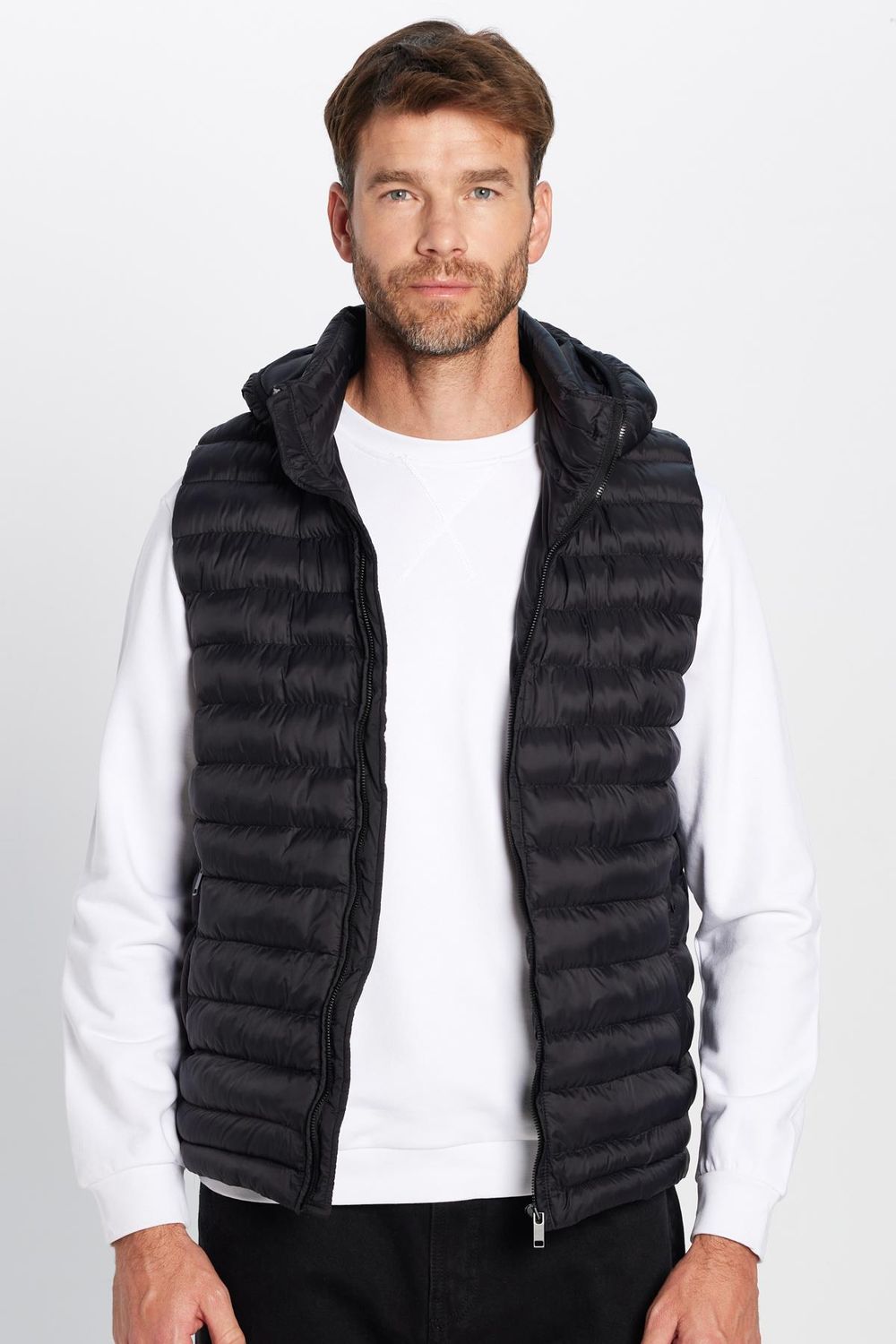 Erkek Slim Fit Dar Kesim Astarlı Rüzgar Geçirmez Cepli Siyah Çıkarılabilir Kapüşonlu Şişme Yelek