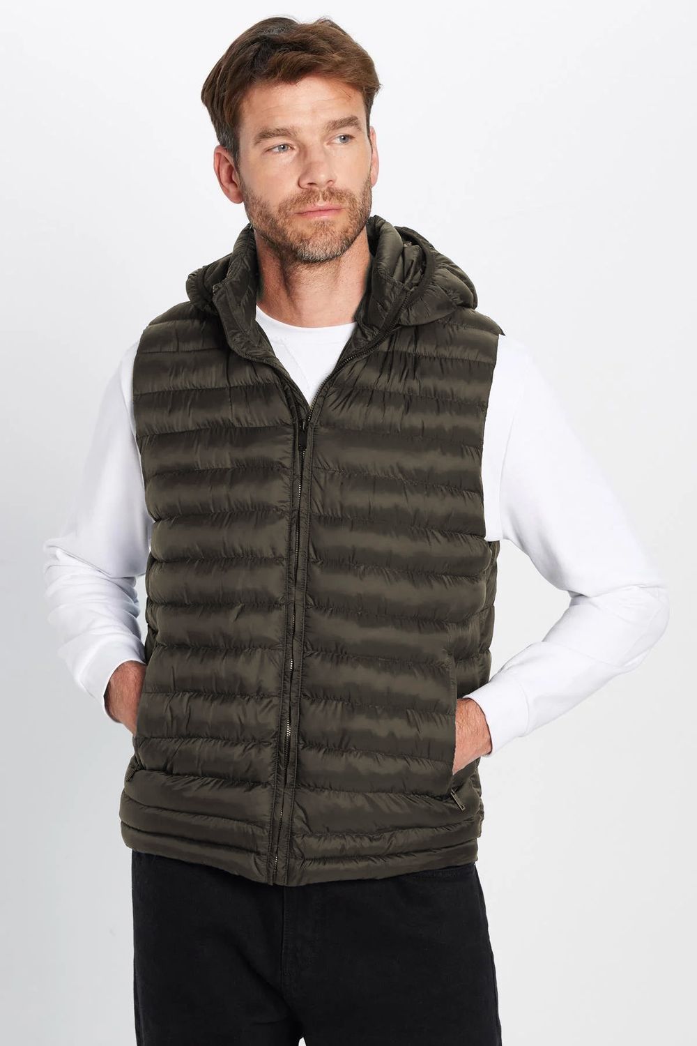 Erkek Slim Fit Dar Kesim Rüzgar Geçirmez Cepli Haki Çıkarılabilir Kapüşonlu Sıcak Tutan Şişme Yelek