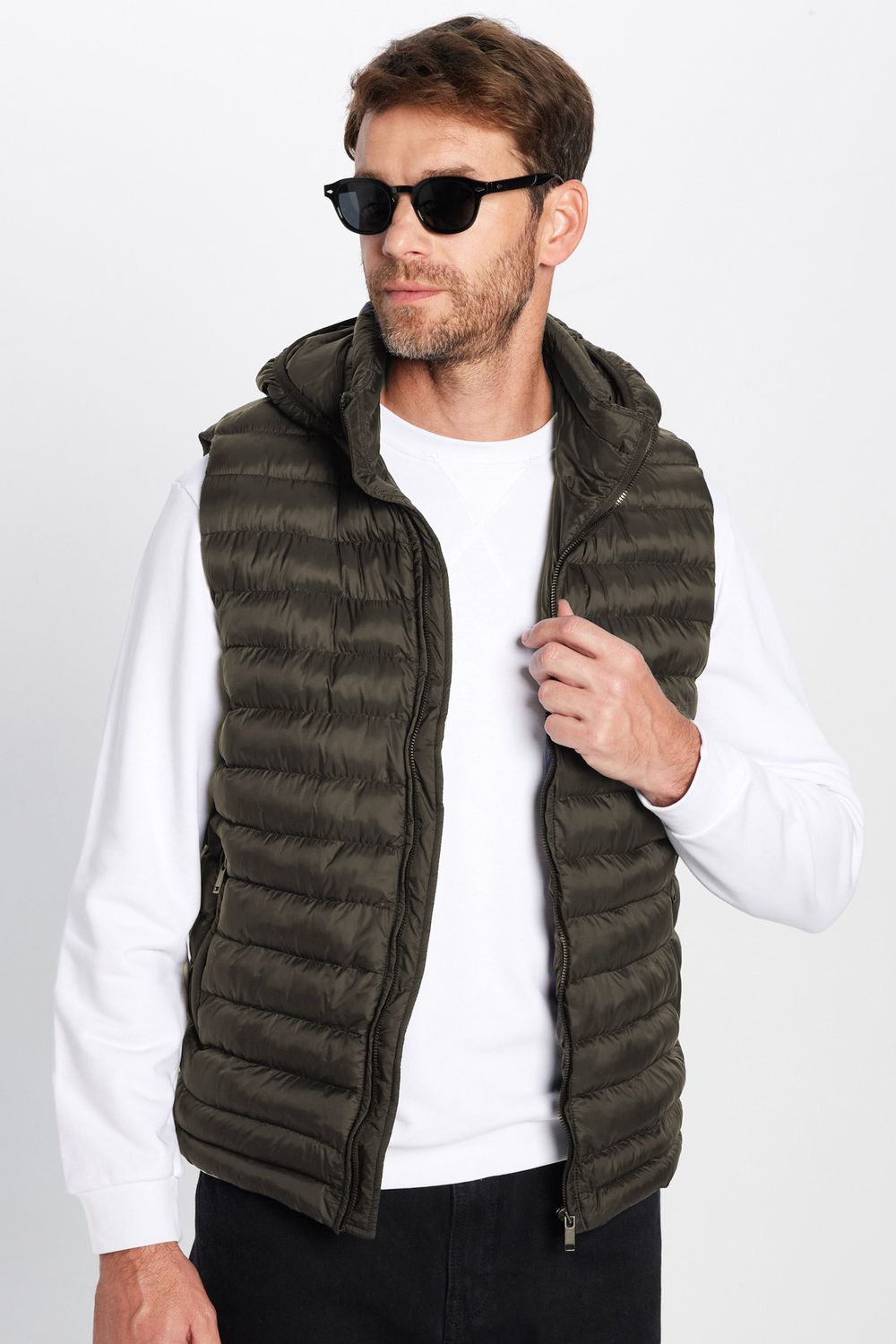 Erkek Slim Fit Dar Kesim Rüzgar Geçirmez Cepli Haki Çıkarılabilir Kapüşonlu Sıcak Tutan Şişme Yelek
