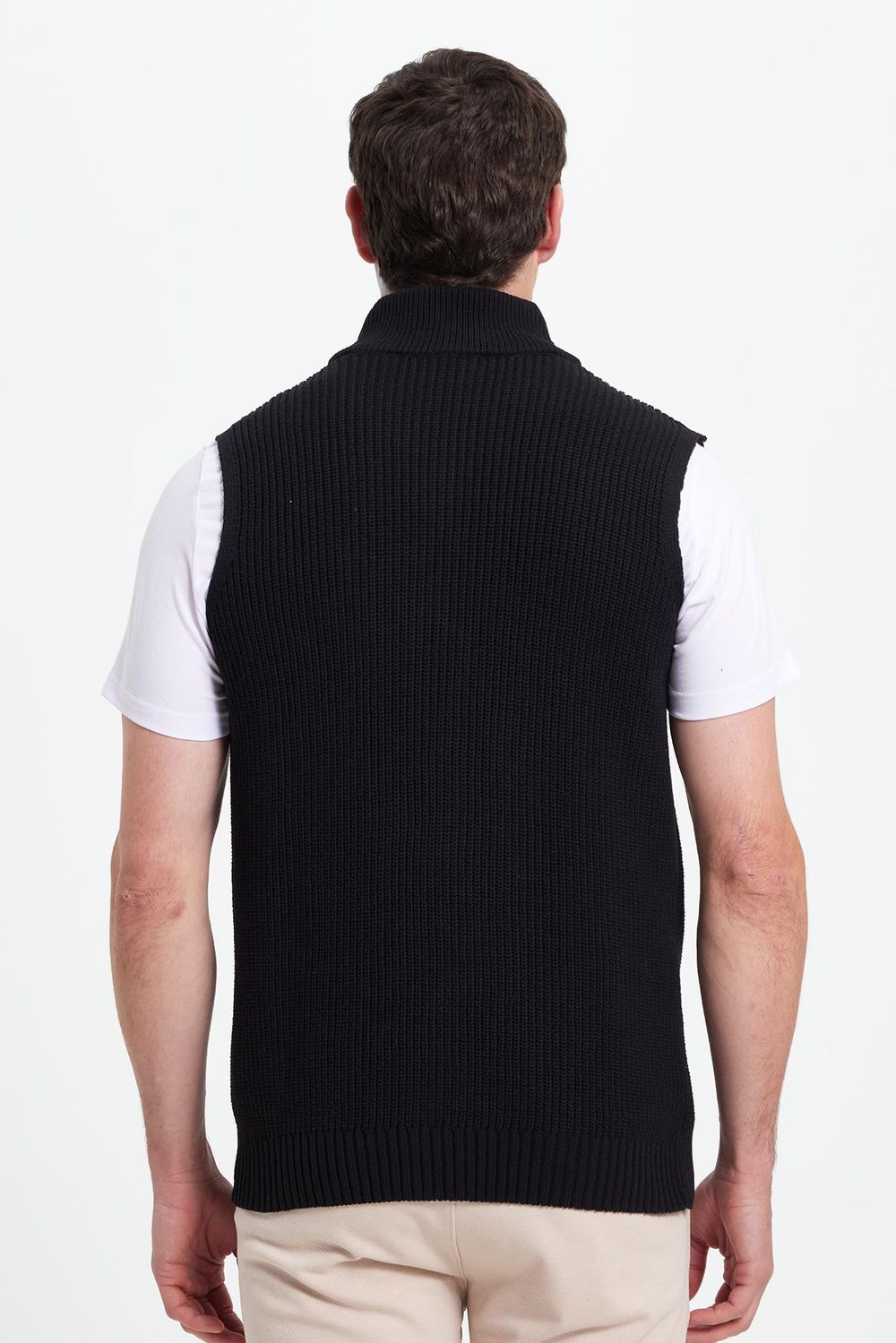 Erkek Standart Fit Normal Kesim Fermuarlı Dik Yaka Sıcak Tutan Siyah Triko Yelek