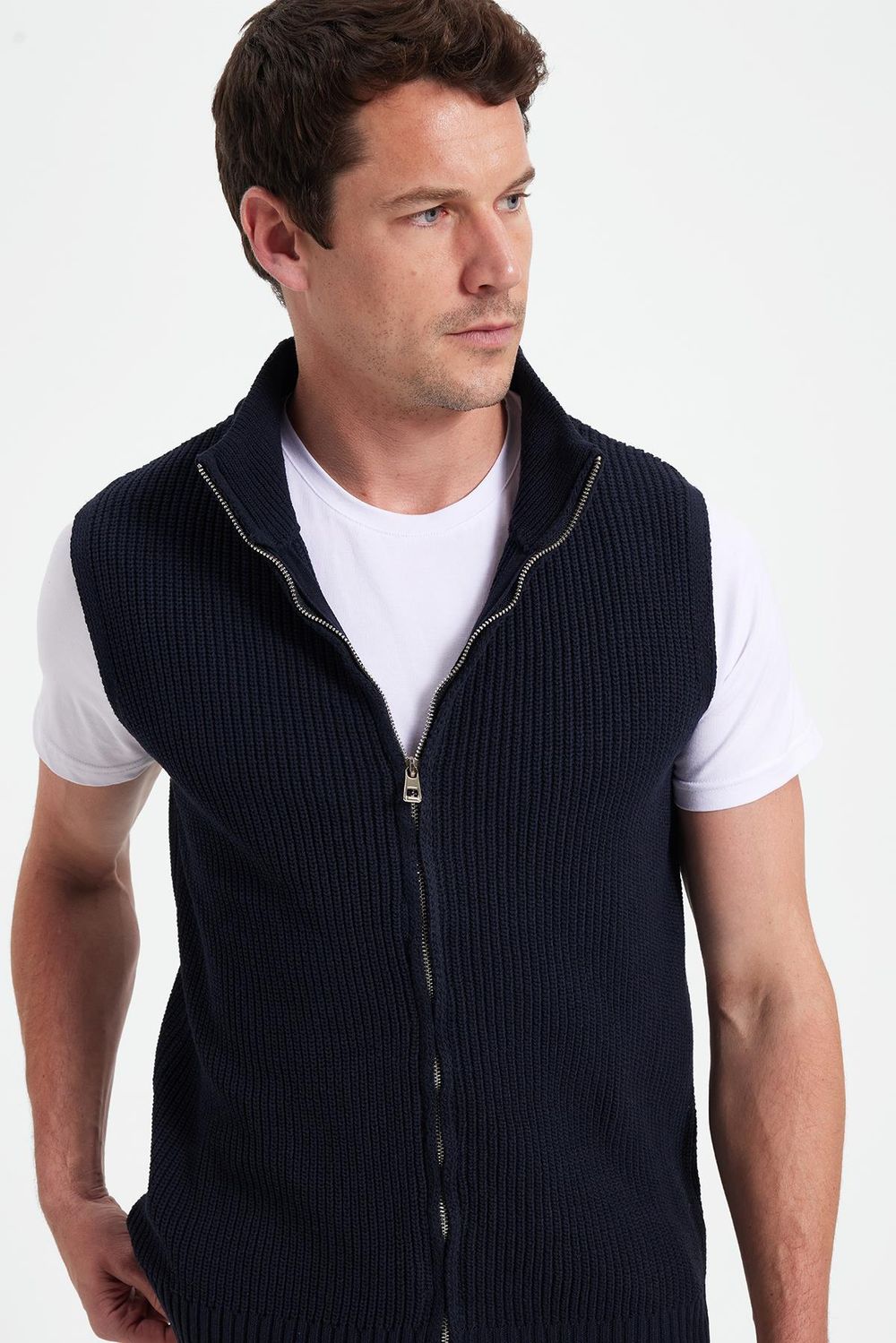 Erkek Standart Fit Normal Kesim Fermuarlı Dik Yaka Sıcak Tutan Lacivert Triko Yelek