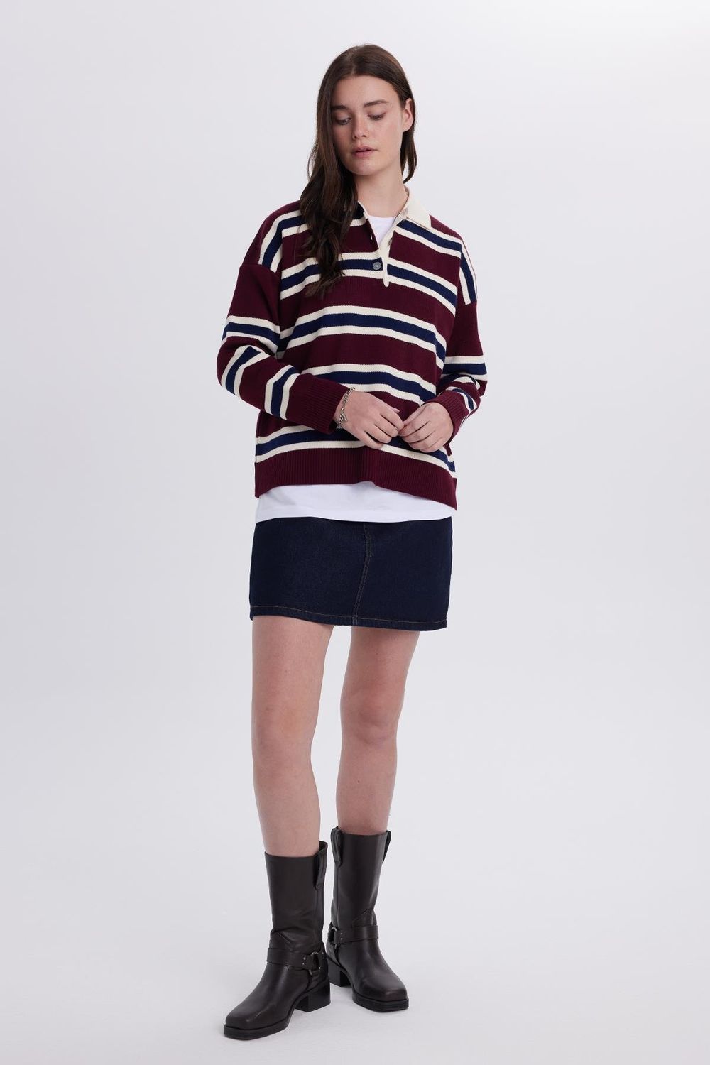 Kadın Regular Fit Klasik Kesim Çizgili Polo Yaka Bordo Kazak