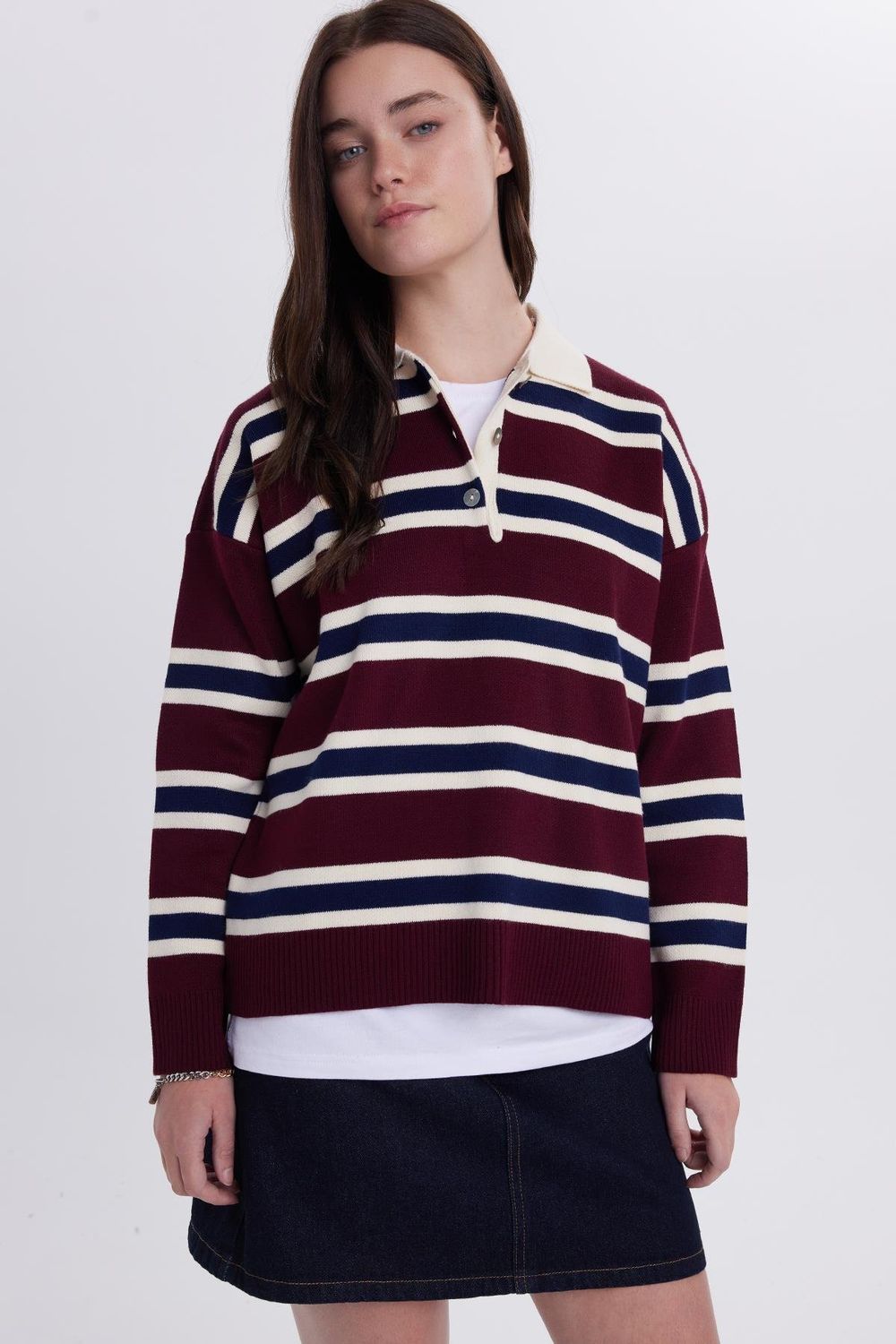 Kadın Regular Fit Klasik Kesim Çizgili Polo Yaka Bordo Kazak