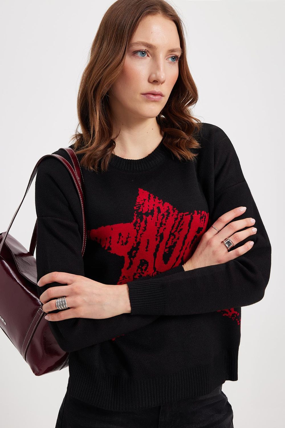 Kadın Oversize Geniş Kesim Örme Detaylı Baskılı Bisiklet Yaka Siyah Kazak