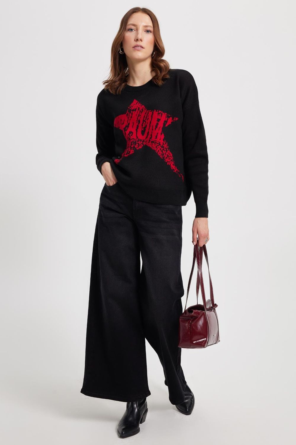 Kadın Oversize Geniş Kesim Örme Detaylı Baskılı Bisiklet Yaka Siyah Kazak