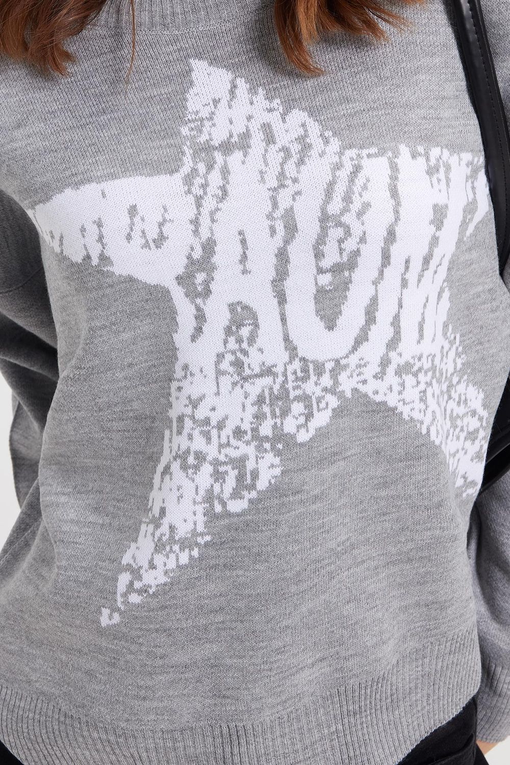 Kadın Oversize Geniş Kesim Örme Detaylı Baskılı Bisiklet Yaka Gri Kazak