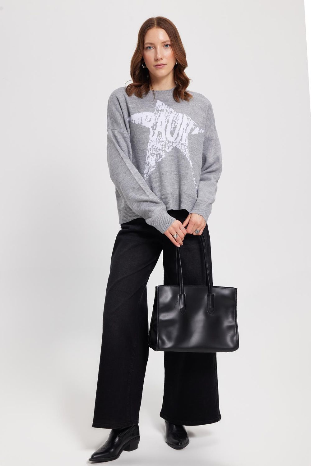 Kadın Oversize Geniş Kesim Örme Detaylı Baskılı Bisiklet Yaka Gri Kazak