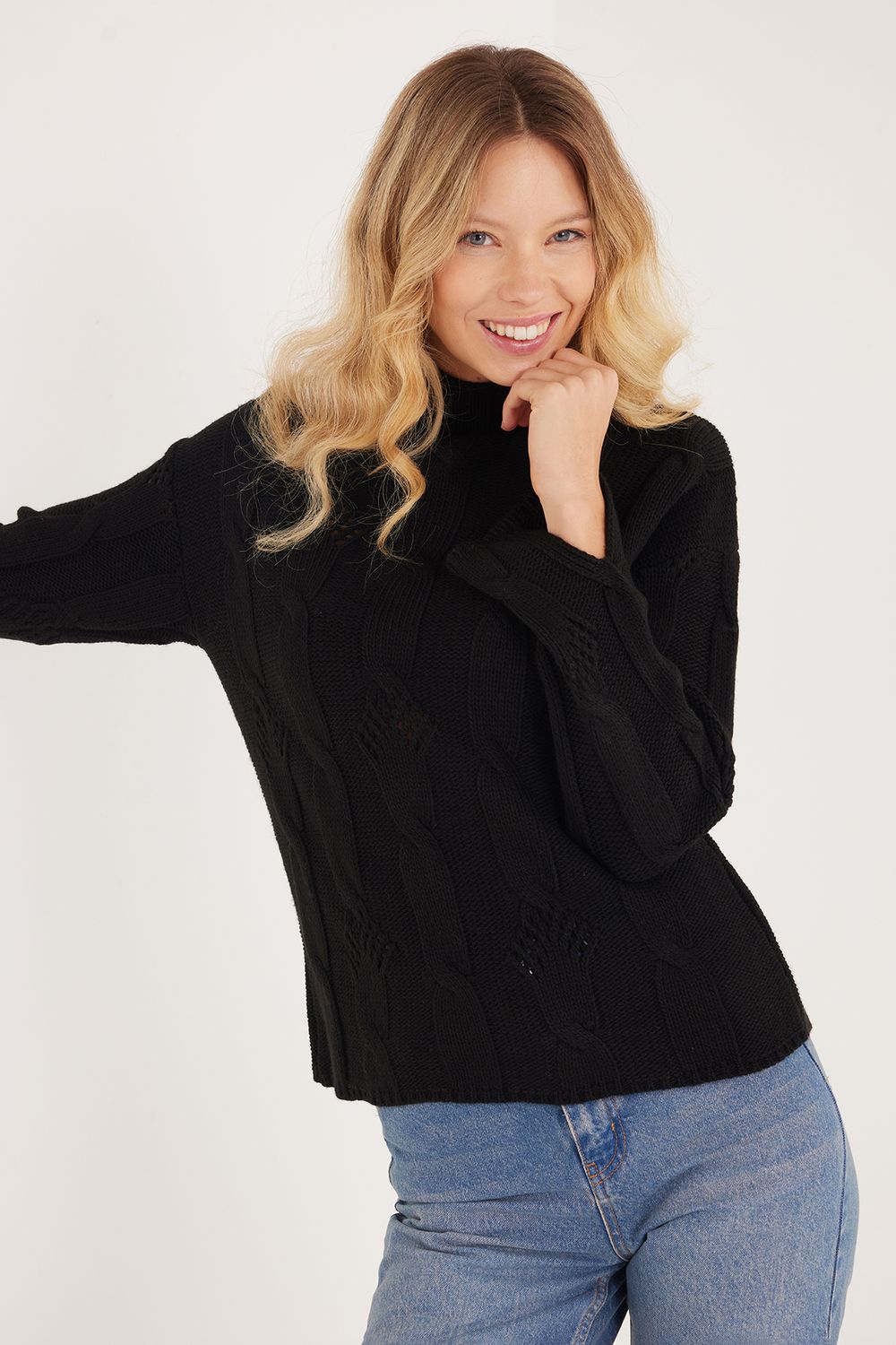 Kadın 3'lü Paket Siyah-Gri-Yeşil Regular Fit Klasik Kesim Yarım Balıkçı Yaka Örgü Desenli Kazak