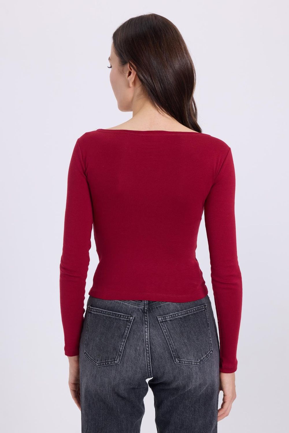 Kadın Slim Fit Dar Kesim Pamuklu Modal Kumaş Uzun Kollu Kayık Yaka Koyu Bordo Bluz