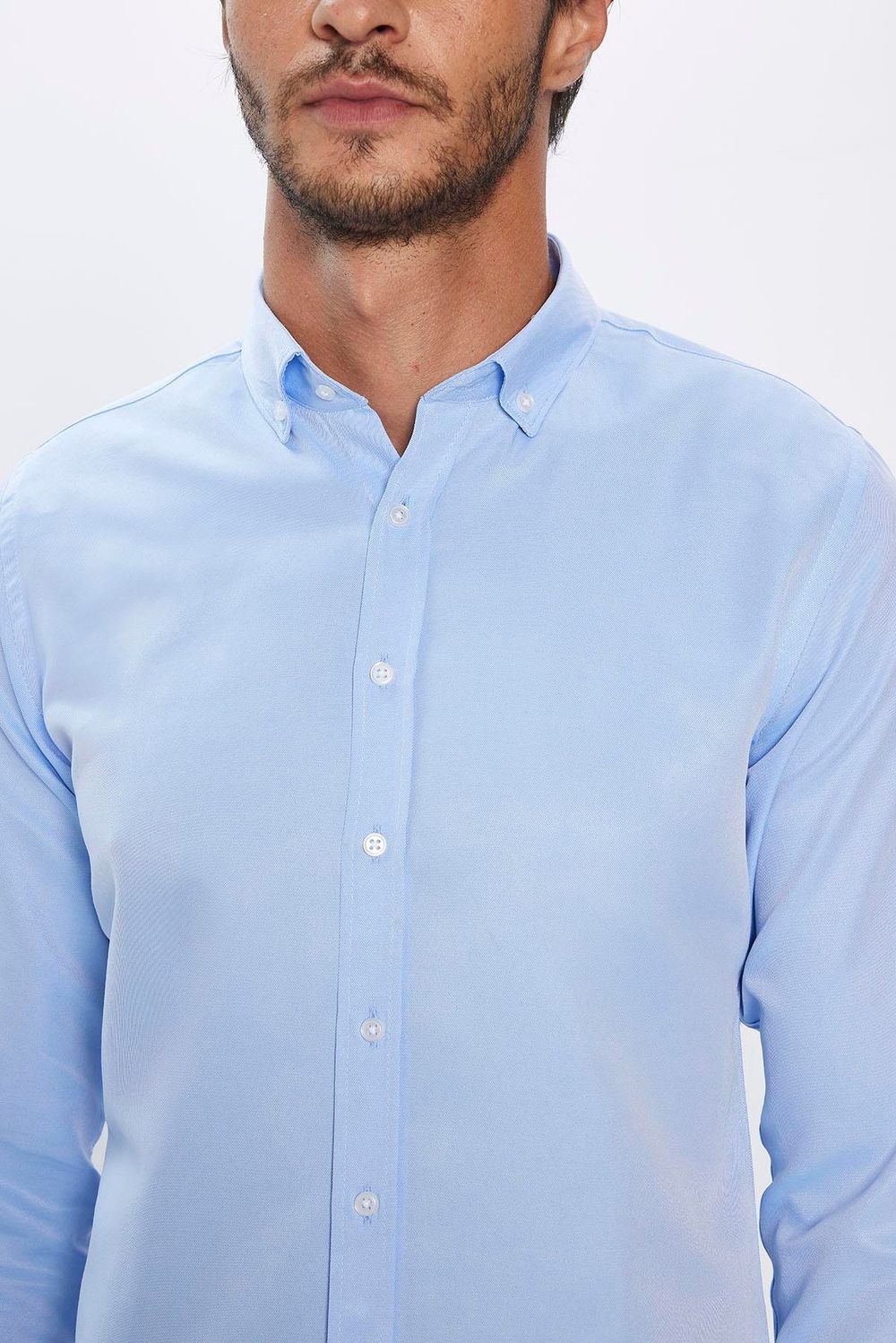 Erkek Slim Fit Dar Kesim Uzun Kollu Pamuklu Kolay Ütü Mavi Düğmeli Yaka Gömlek