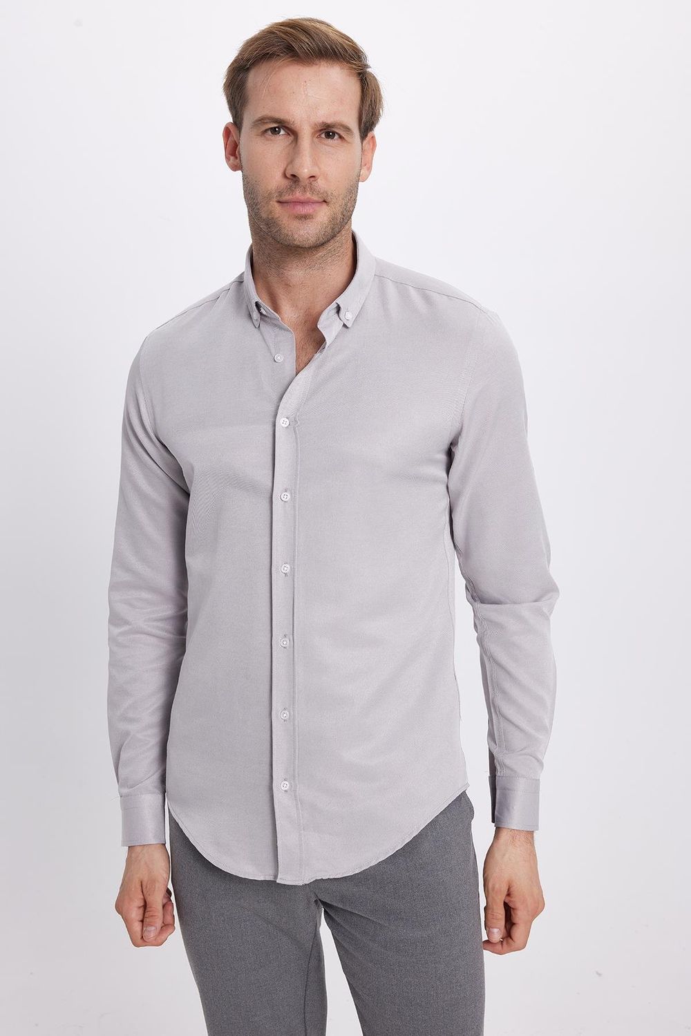 Erkek Slim Fit Dar Kesim Pamuklu Kolay Ütü Gri Düğmeli Yaka Gömlek