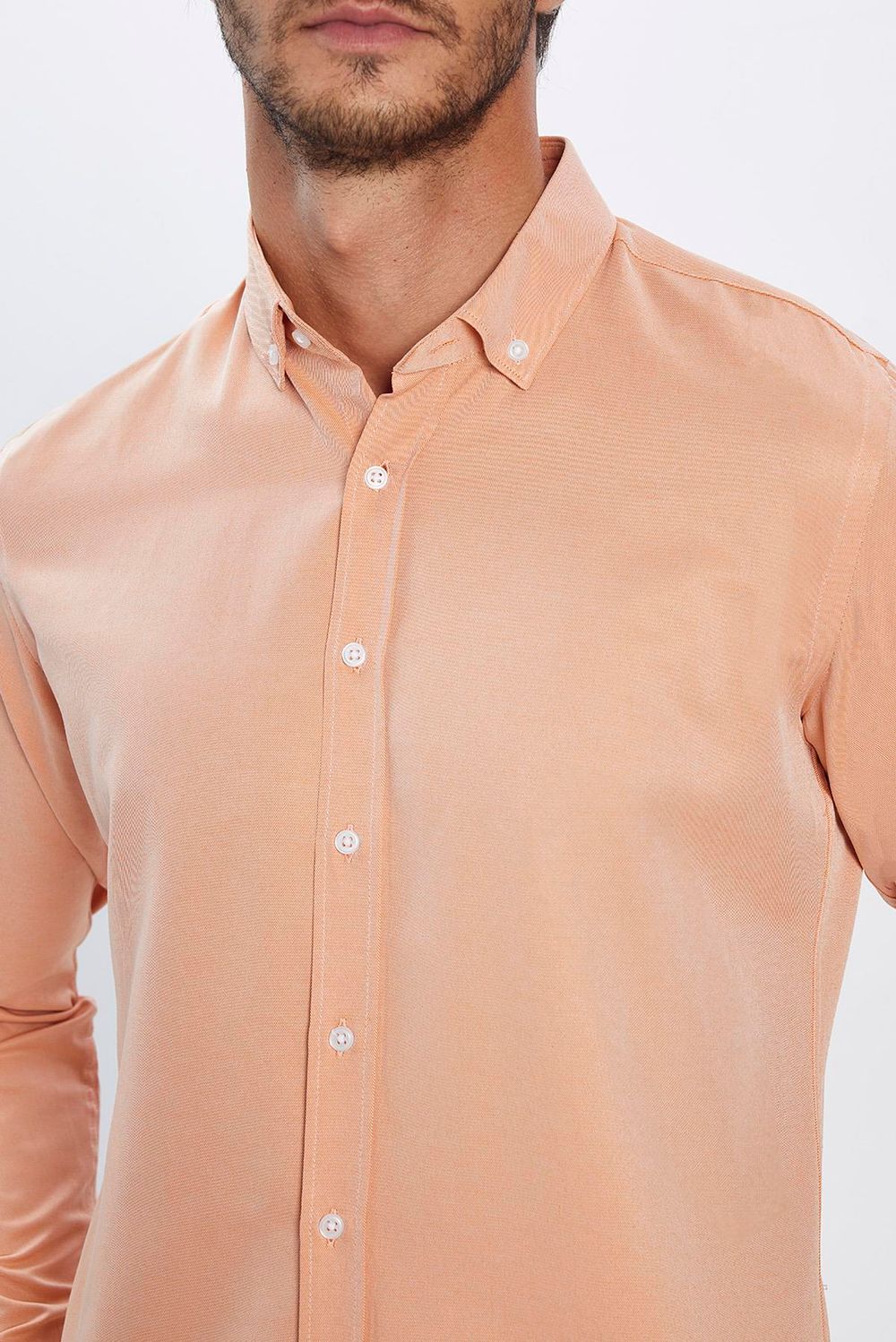 Slim Fit Düğmeli Yaka Pamuklu Kolay Ütü Düz Erkek Gömlek