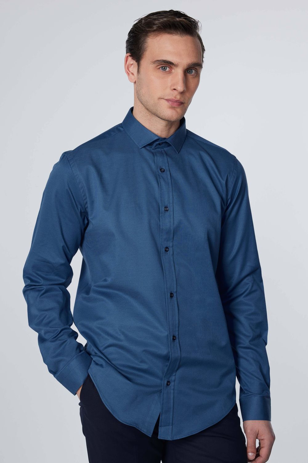 Slim Fit Likralı Düz Pamuk Saten Erkek Mavi Gömlek