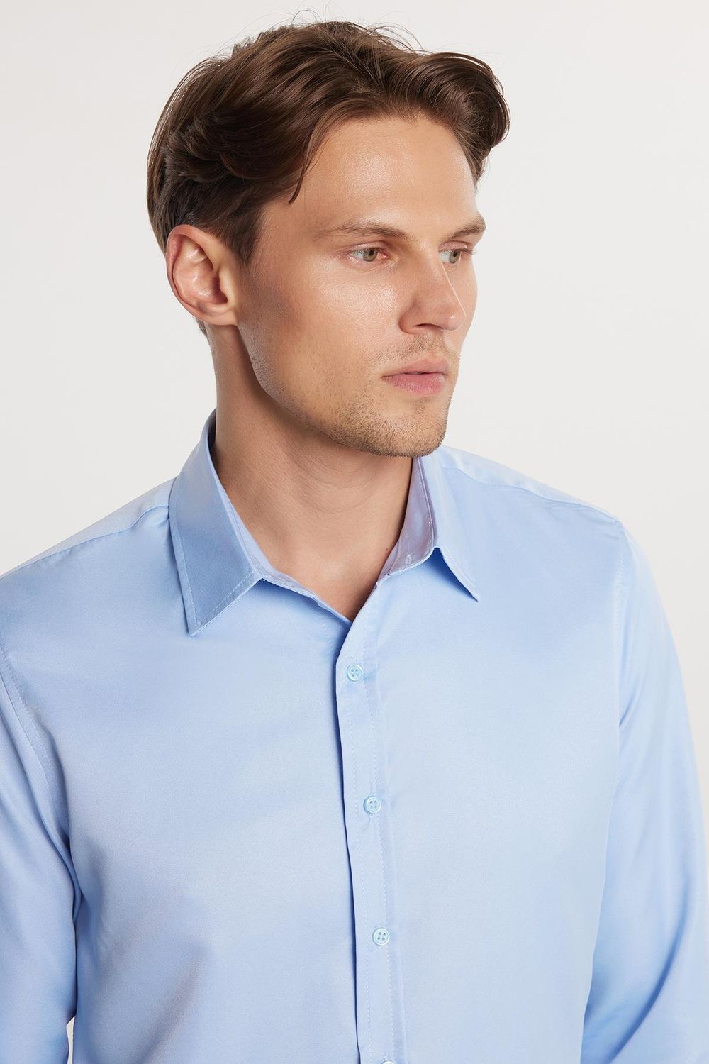 Slim Fit Uzun Kollu Kolay Ütü Teri Emen Nefes Alan Doku Kravatlık Dört Mevsim Mavi Erkek Gömlek