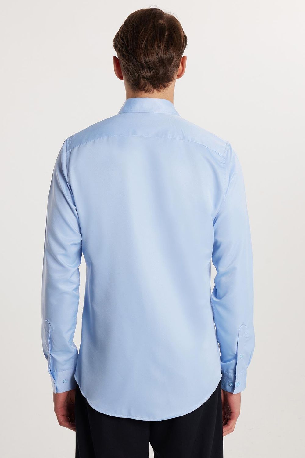 Slim Fit Uzun Kollu Kolay Ütü Teri Emen Nefes Alan Doku Kravatlık Dört Mevsim Mavi Erkek Gömlek