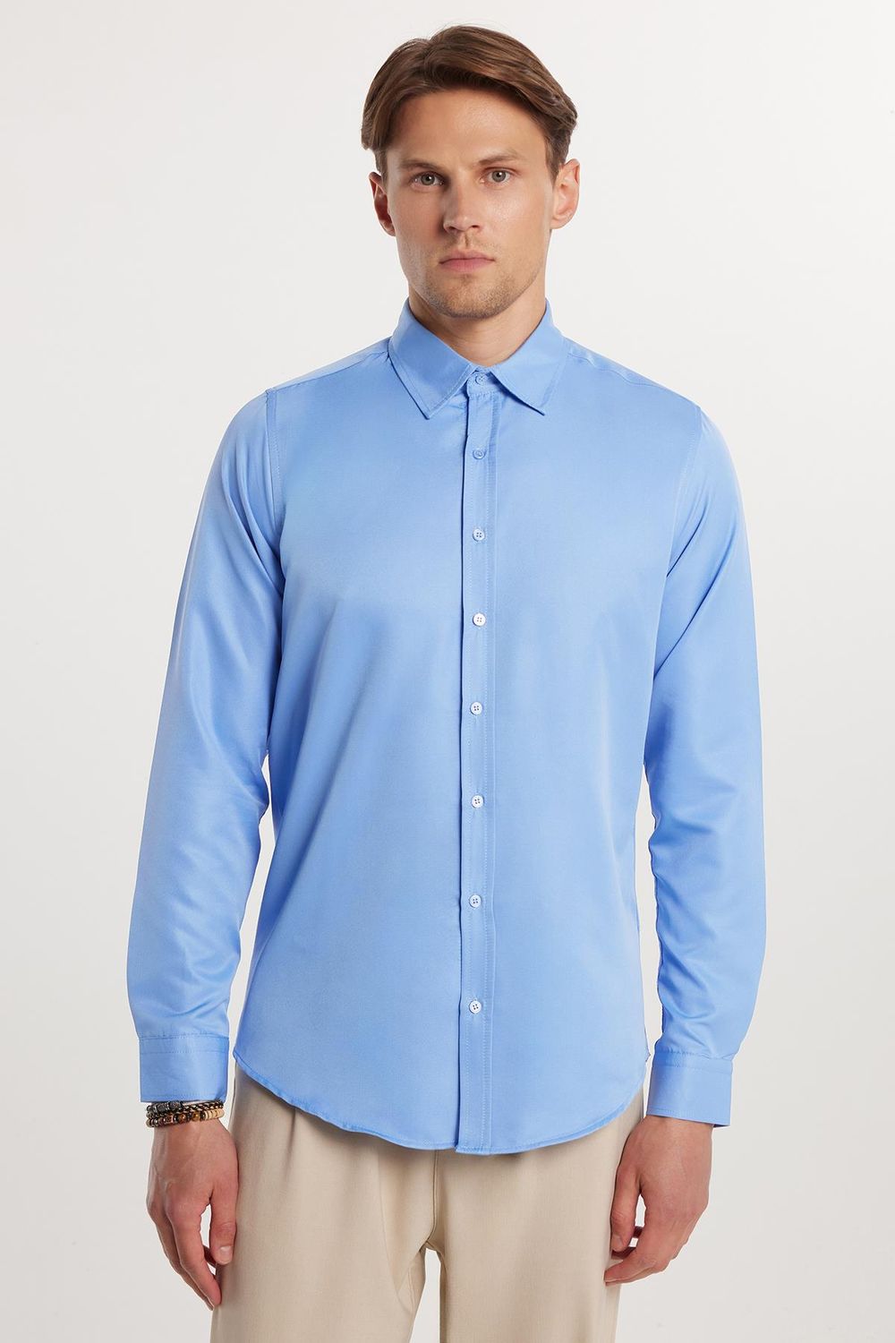 Slim Fit Uzun Kollu Kolay Ütü Teri Emen Nefes Alan Doku Kravatlık Dört Mevsim Mavi Erkek Gömlek