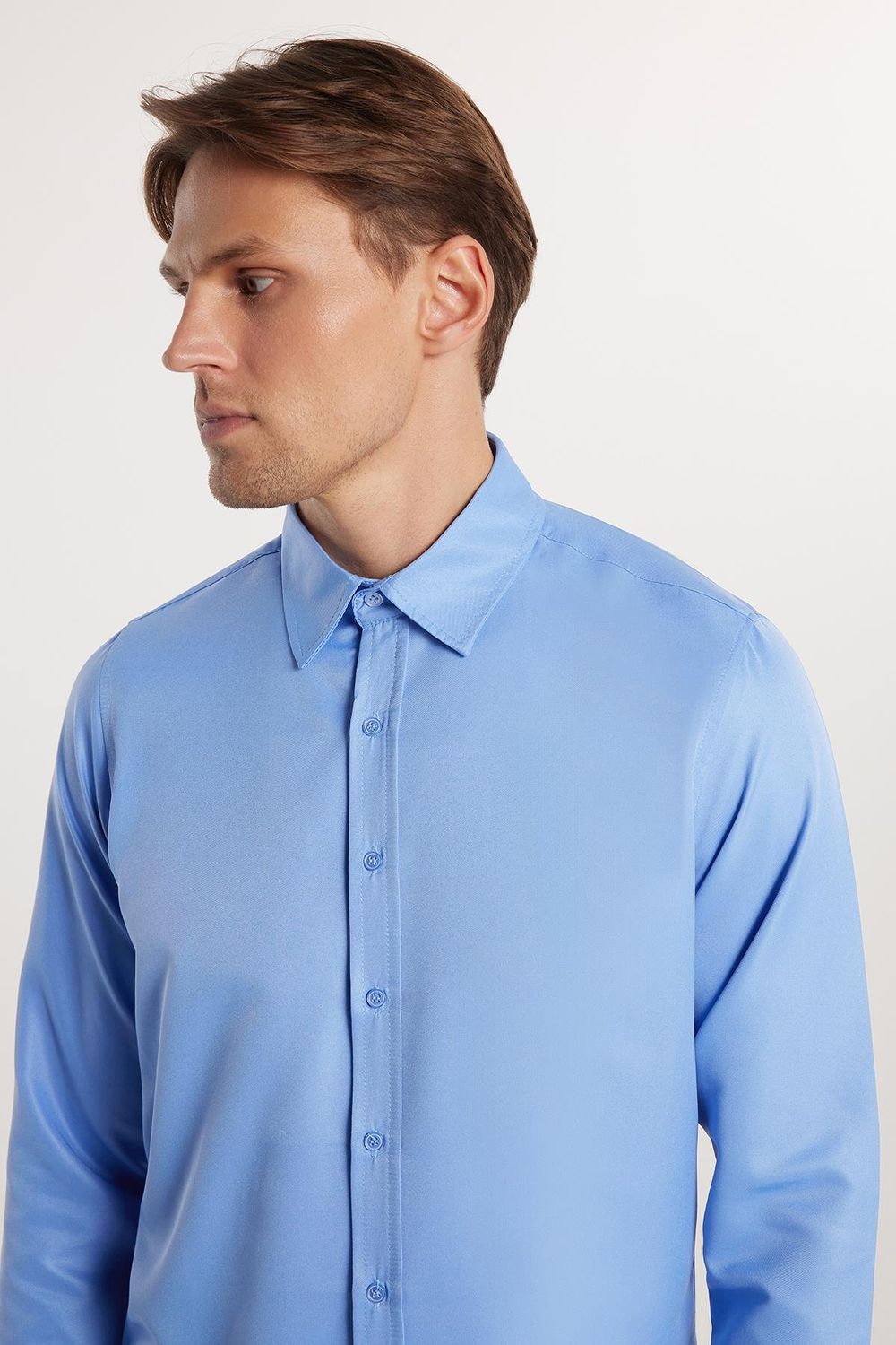 Slim Fit Uzun Kollu Kolay Ütü Teri Emen Nefes Alan Doku Kravatlık Dört Mevsim Mavi Erkek Gömlek