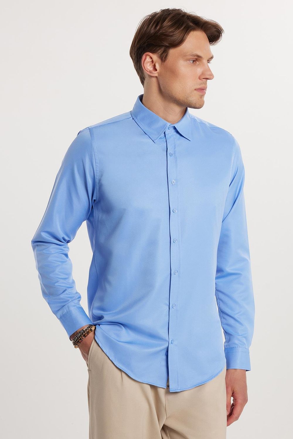 Slim Fit Uzun Kollu Kolay Ütü Teri Emen Nefes Alan Doku Kravatlık Dört Mevsim Mavi Erkek Gömlek