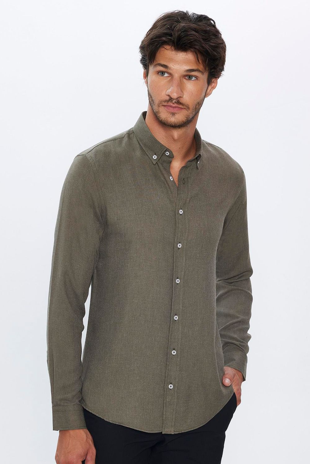 Slim Fit Uzun Kollu Düğmeli Yaka Kışlık Yün Viskon Düz Gömlek