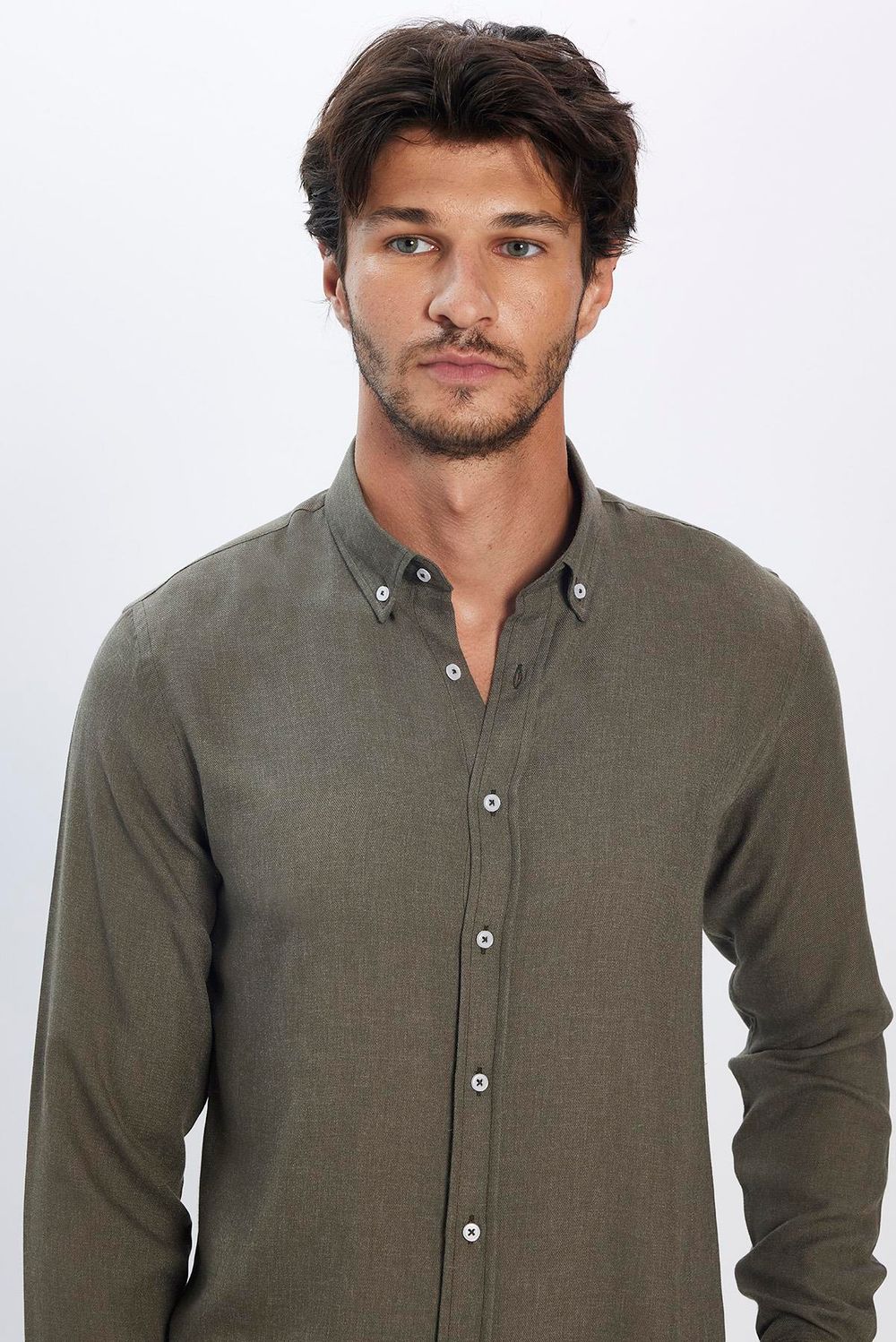 Slim Fit Uzun Kollu Düğmeli Yaka Kışlık Yün Viskon Düz Gömlek