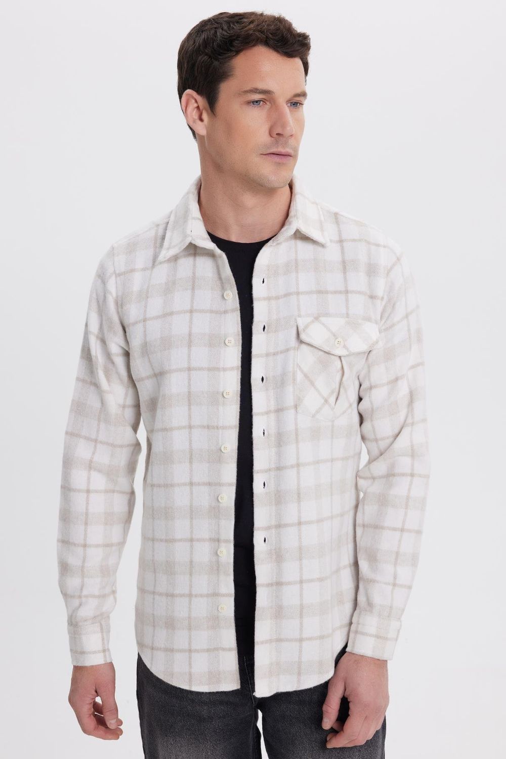 Erkek Slim Fit Dar Kesim Kareli Tek Cepli Oduncu Gömlek