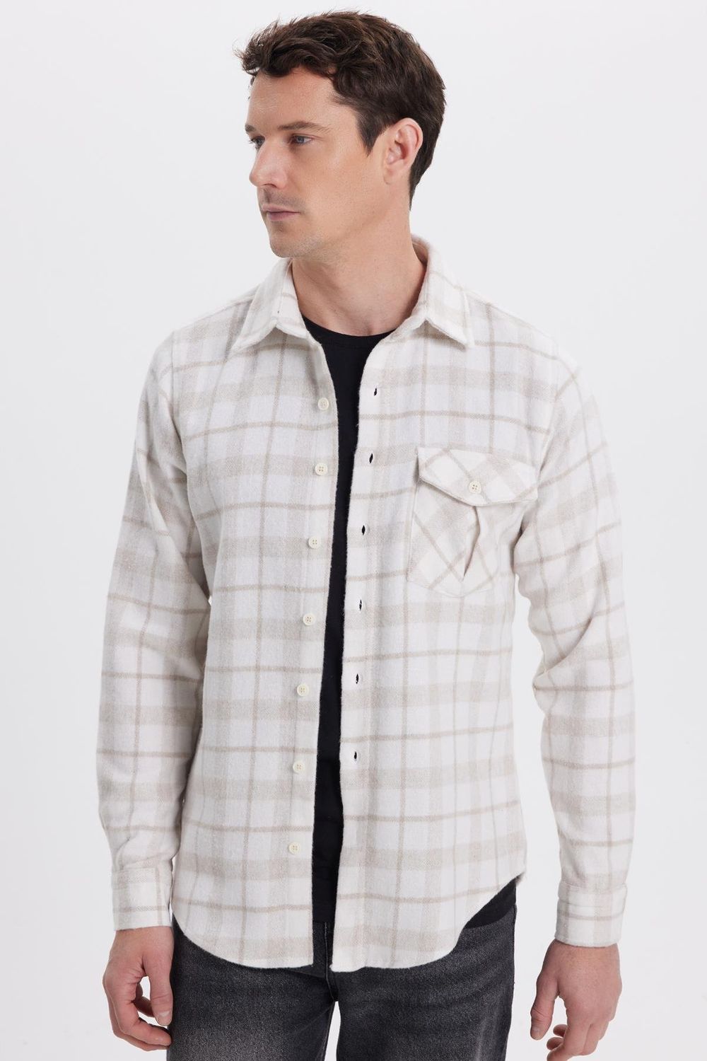 Erkek Slim Fit Dar Kesim Kareli Tek Cepli Oduncu Gömlek