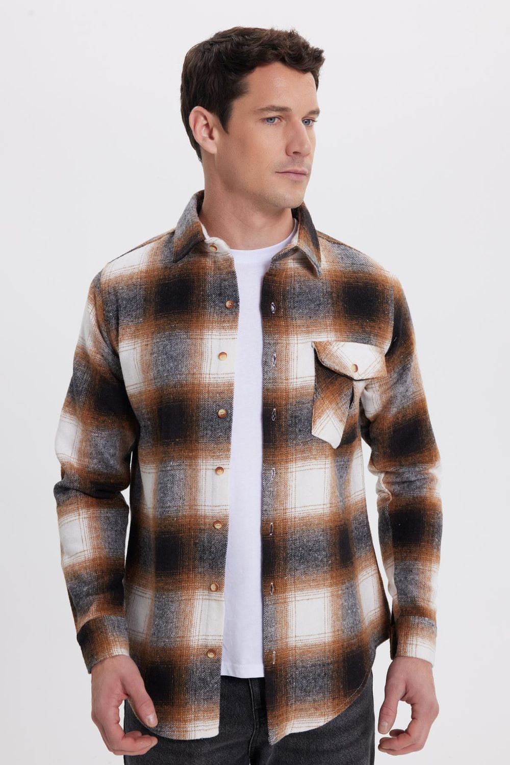 Erkek Slim Fit Dar Kesim Kareli Tek Cepli Oduncu Gömlek