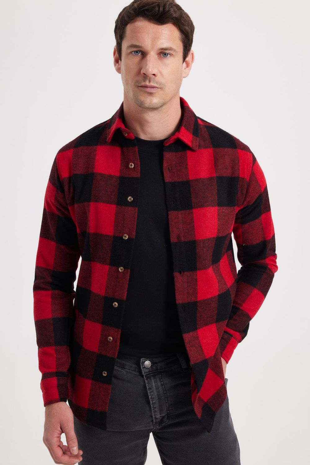 Erkek Slim Fit Dar Kesim Kareli Kışlık Oduncu Gömlek