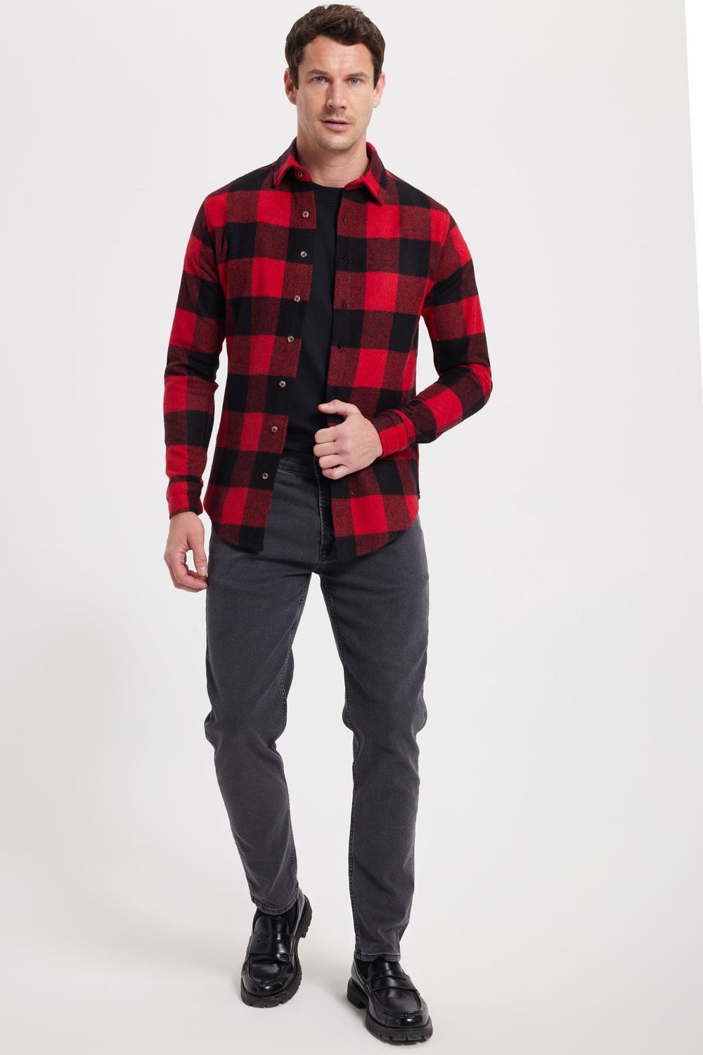 Erkek Slim Fit Dar Kesim Kareli Kışlık Oduncu Gömlek