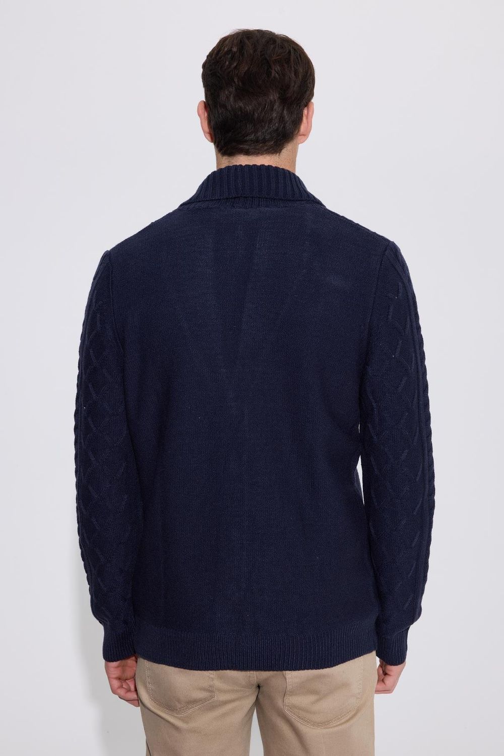 Slim Fit Dar Kesim Desenli Yumuşak Dokulu Düğmeli Lacivert Erkek Hırka