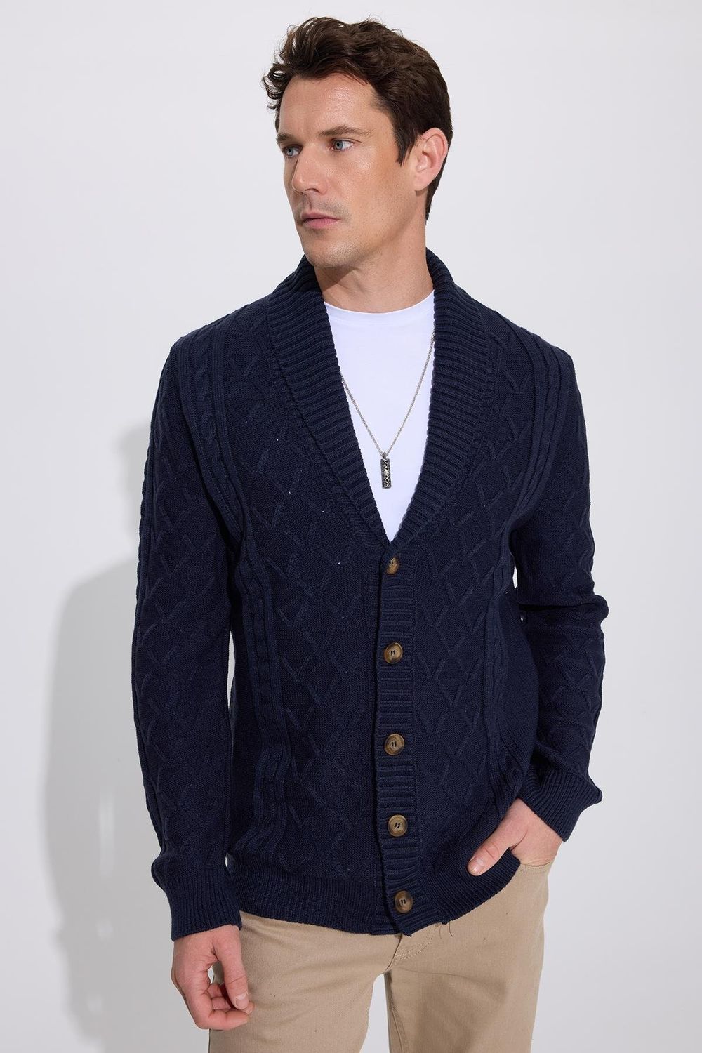 Slim Fit Dar Kesim Desenli Yumuşak Dokulu Düğmeli Lacivert Erkek Hırka