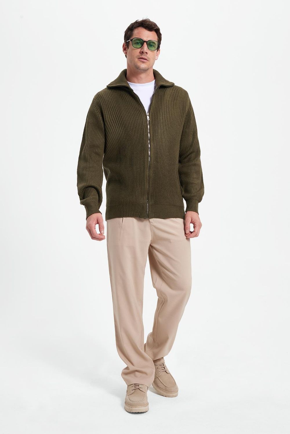 Erkek Slim Fit Dik Yaka Fermuarlı Haki Düz Hırka