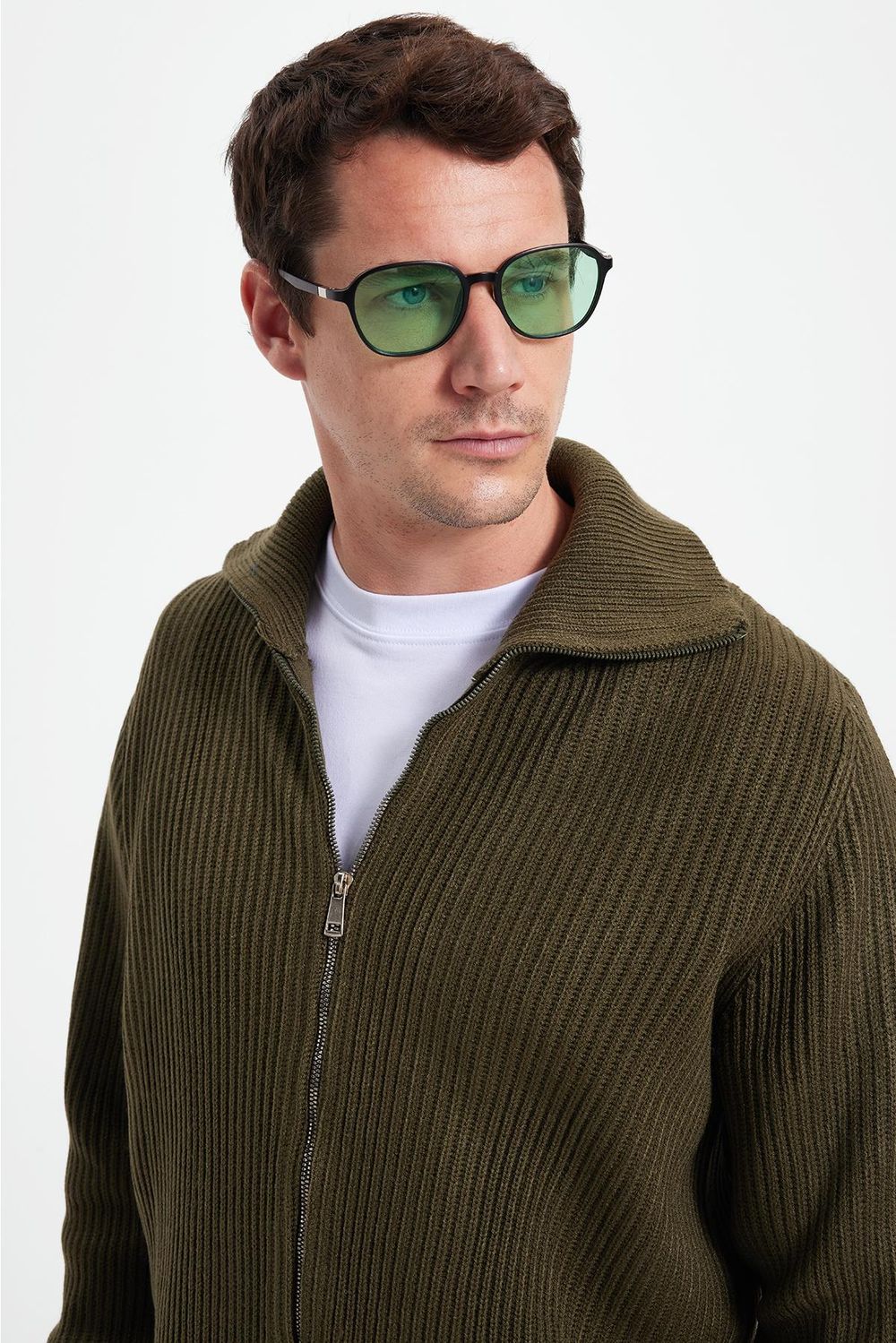 Erkek Slim Fit Dik Yaka Fermuarlı Haki Düz Hırka