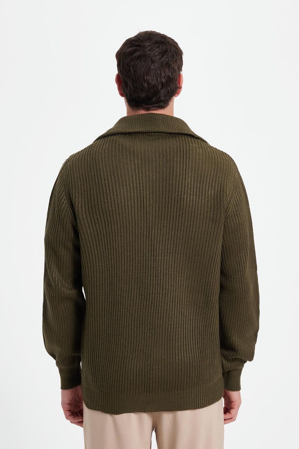 Erkek Slim Fit Dik Yaka Fermuarlı Haki Düz Hırka