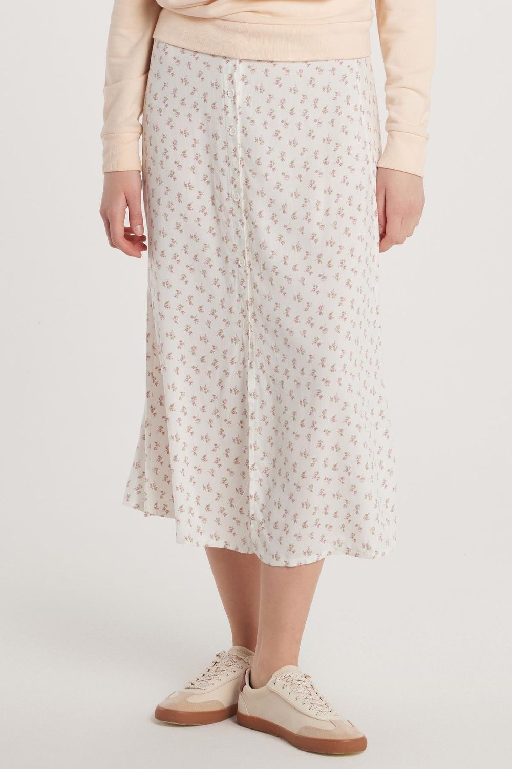 Kadın Standart Fit Viskon Lastikli Baskılı Midi Boy Etek