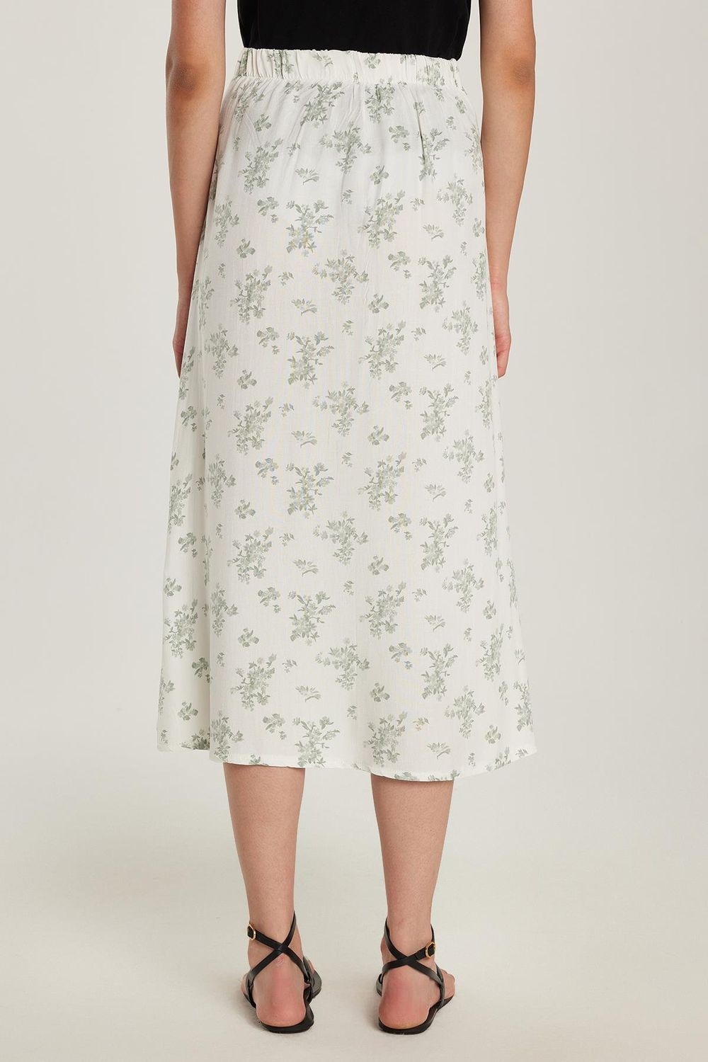 Kadın Standart Fit Düğmeli Viskon Lastikli Baskılı Midi Boy Etek