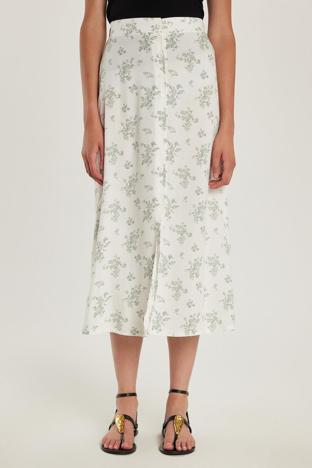 Kadın Standart Fit Düğmeli Viskon Lastikli Baskılı Midi Boy Etek