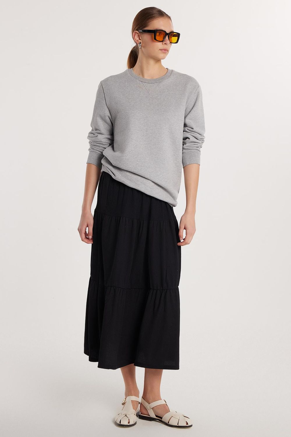 Kadın Regular Fit Pamuklu Düz Siyah Etek