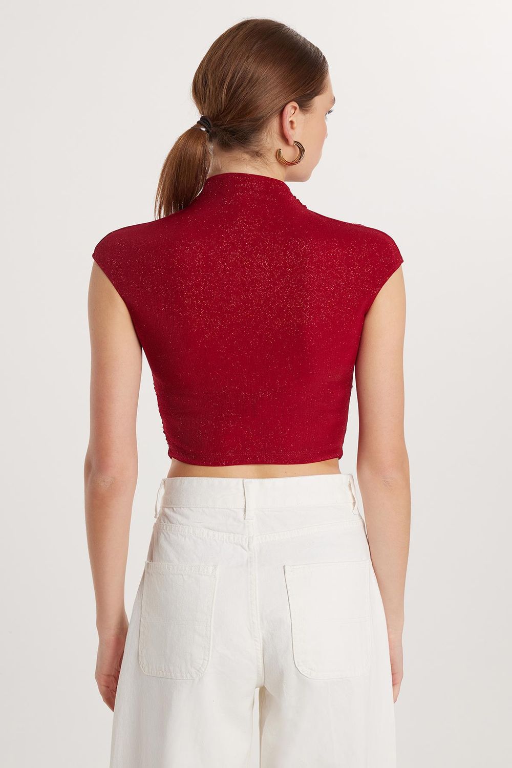 Kadın Slim Fit Dar Kesim Lastikli Kısa Kol Bordo Bisiklet Yaka Bluz