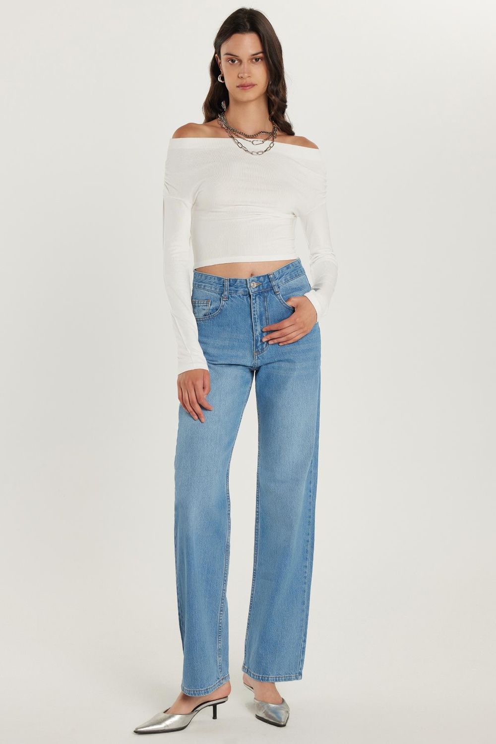 Kadın Regular Fit Geniş Paça Mavi Jean Pantolon