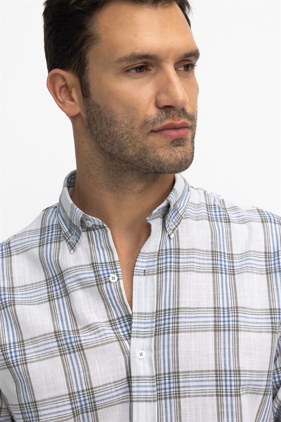 Klasik Fit Uzun Kol Ketenli Ekose Erkek Gömlek