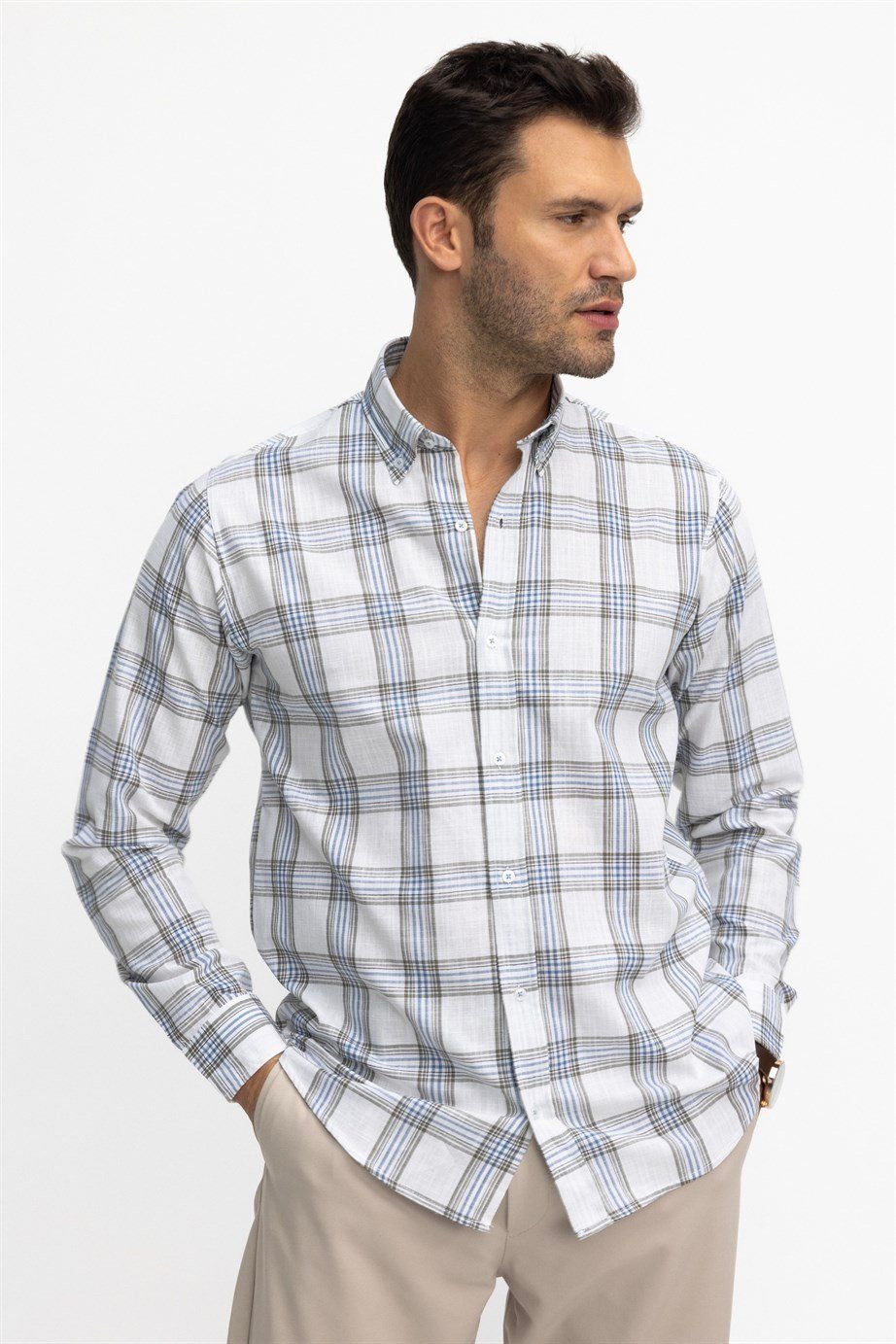 Klasik Fit Uzun Kol Ketenli Ekose Erkek Gömlek