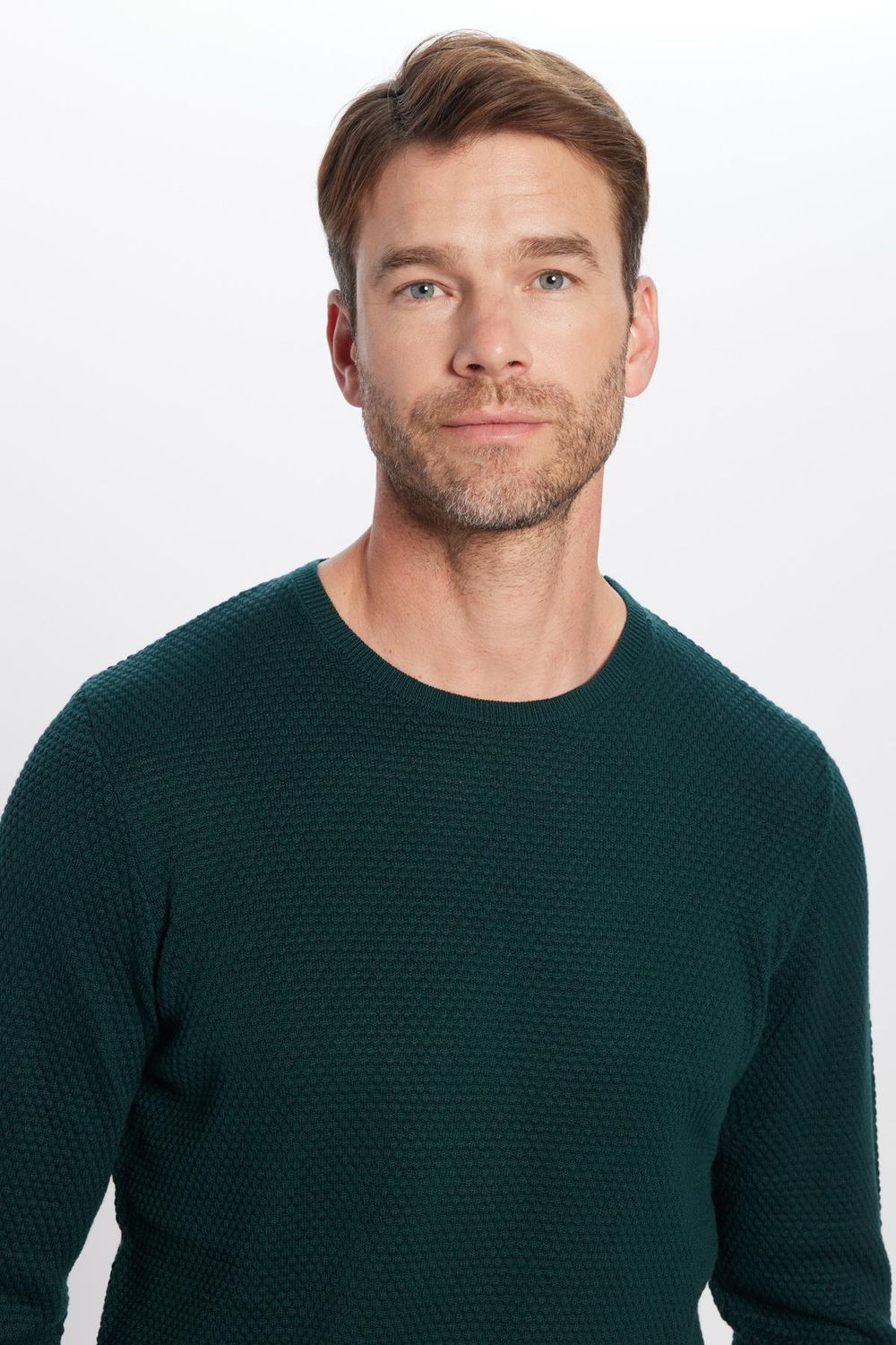 Erkek Slim Fit Bisiklet Yaka Petek Desenli Yeşil Triko Kazak