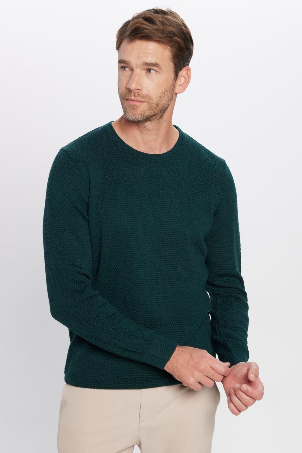 Erkek Slim Fit Bisiklet Yaka Petek Desenli Yeşil Triko Kazak