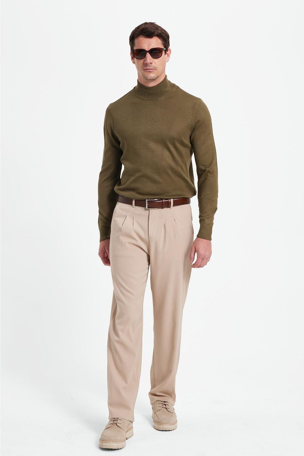 Erkek Standart Fit Normal Kesim Yarım Balıkçı Yaka Düz Haki Triko Kazak