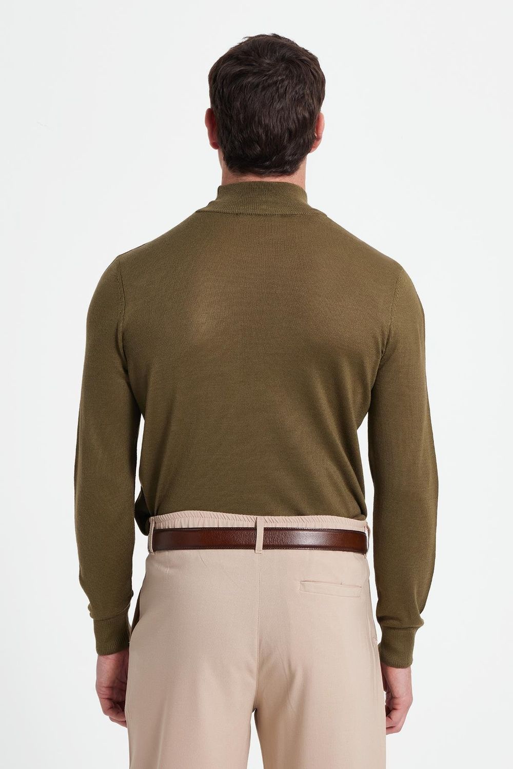 Erkek Standart Fit Normal Kesim Yarım Balıkçı Yaka Düz Haki Triko Kazak