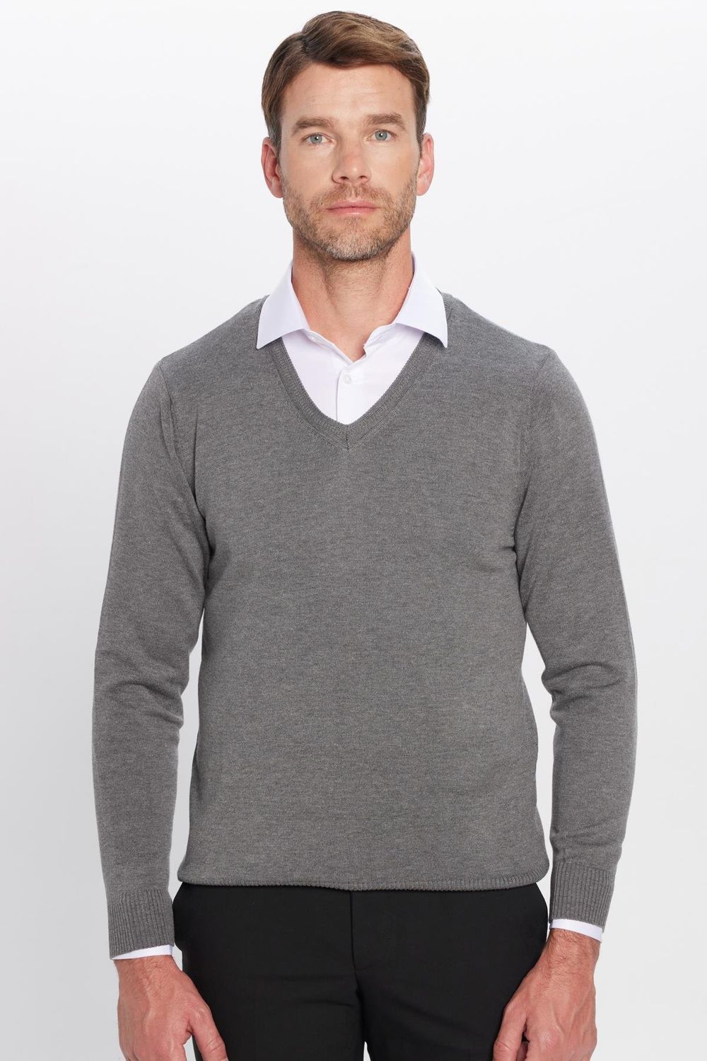 Erkek Slim Fit V Yaka Pamuklu Gri Triko Kazak